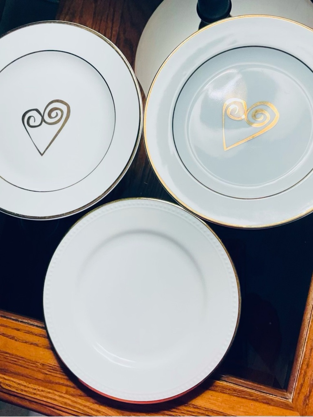 White Porcelain Dessert Plates with Gold Heart Accent - Set of 3